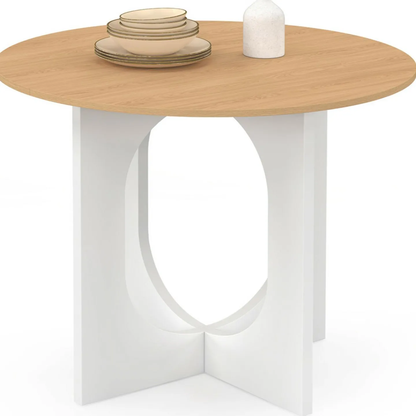 Table à manger fixe ronde 4 personnes pied arc blanc et bois 80 cm*IDMarket Outlet