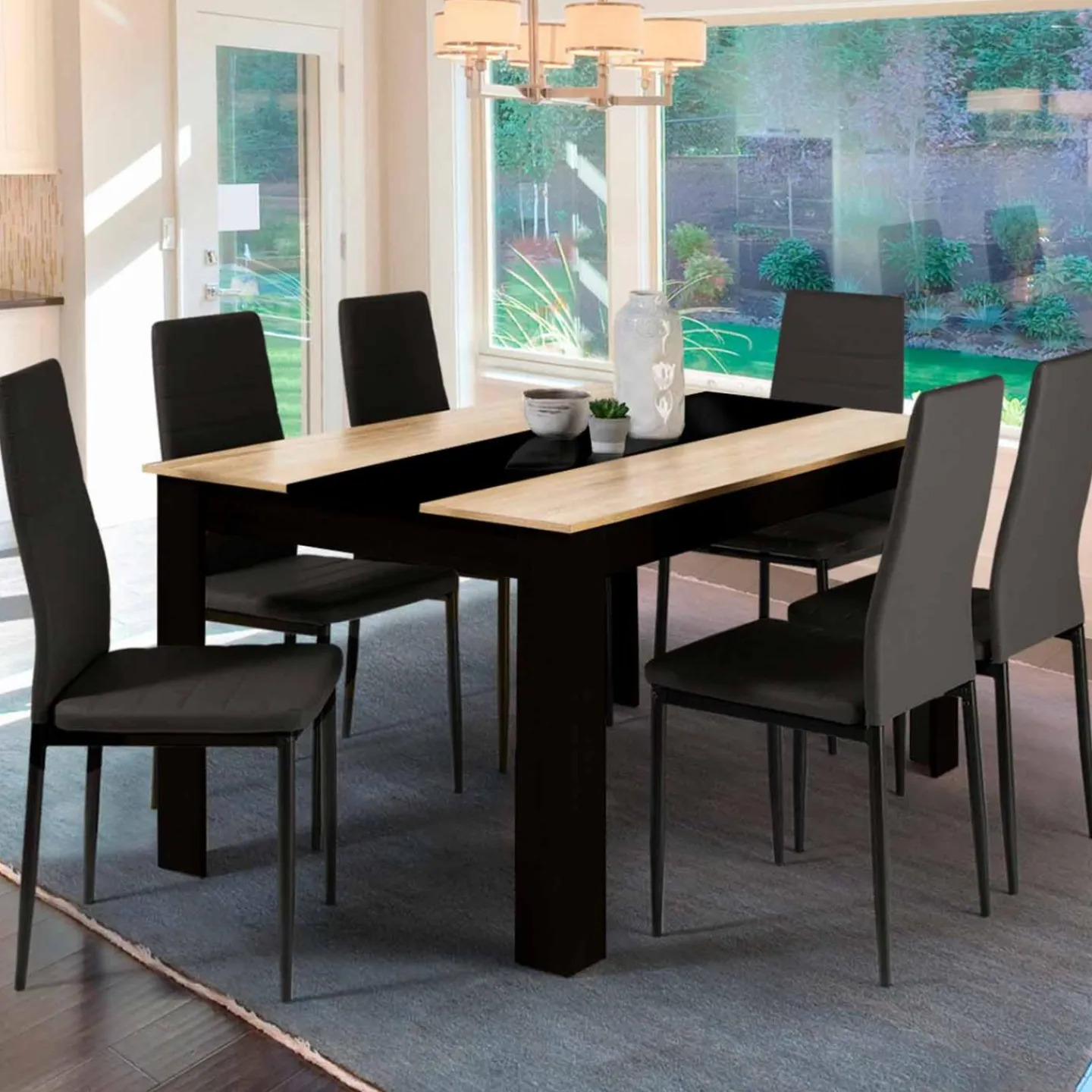 Table à manger noire et imitation hêtre pour 6 personnes*IDMarket Discount