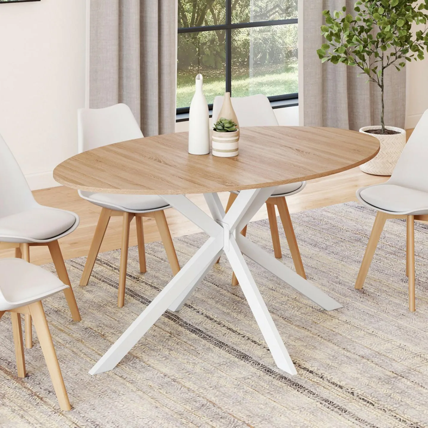 Table à manger ovale 150 cm 8 personnes plateau bois et pied araignée métal blanc*IDMarket Outlet