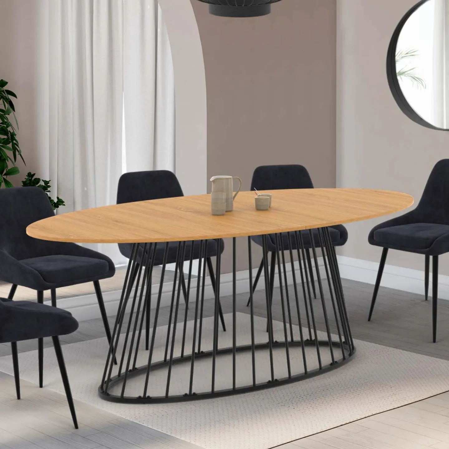 Table à manger ovale 10 personnes bois et métal noir*IDMarket New