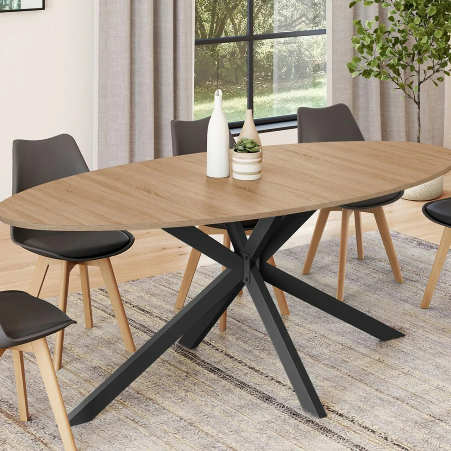 Table à manger ovale 10 personnes noire et bois*IDMarket Discount