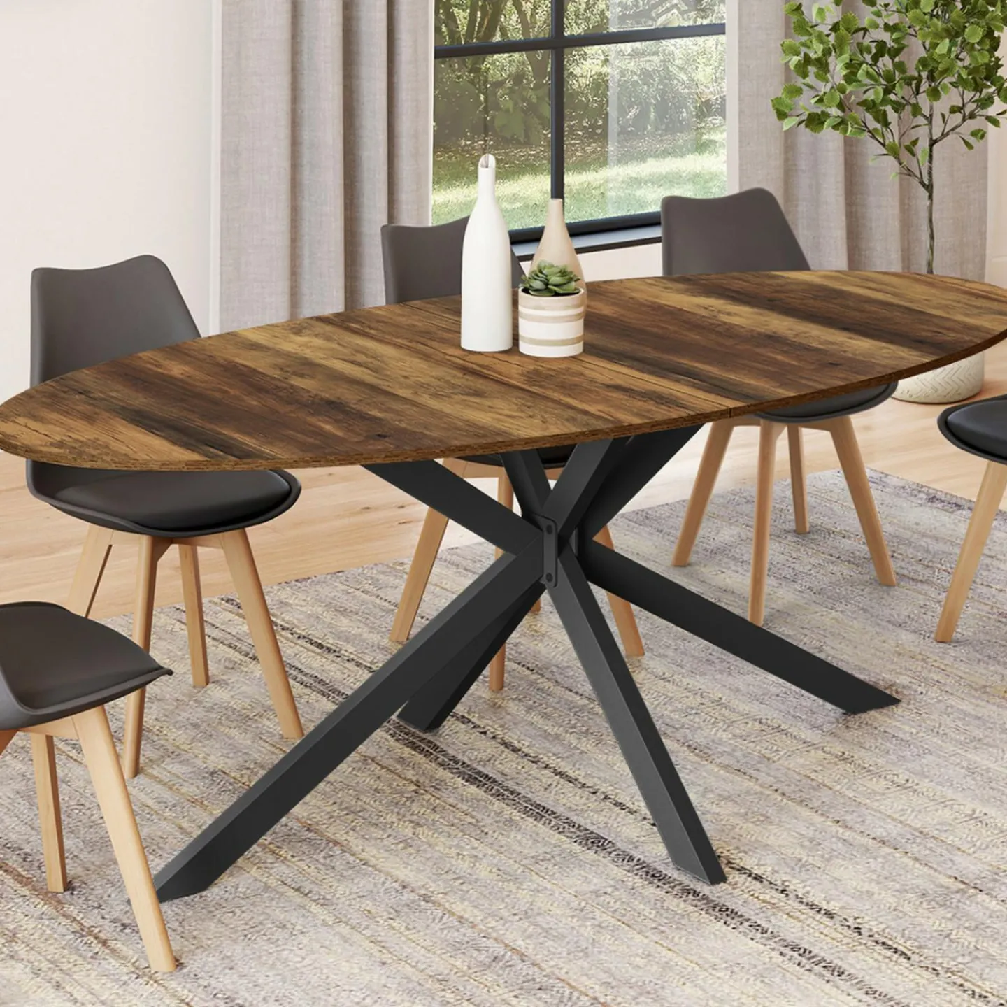 Table à manger ovale 10 personnes 200 cm pied araignée noir et plateau bois foncé*IDMarket Clearance
