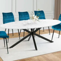 Table à manger ovale métal noir et plateau effet marbre blanc*IDMarket