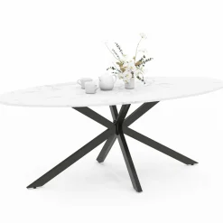 Table à manger ovale métal noir et plateau effet marbre blanc*IDMarket