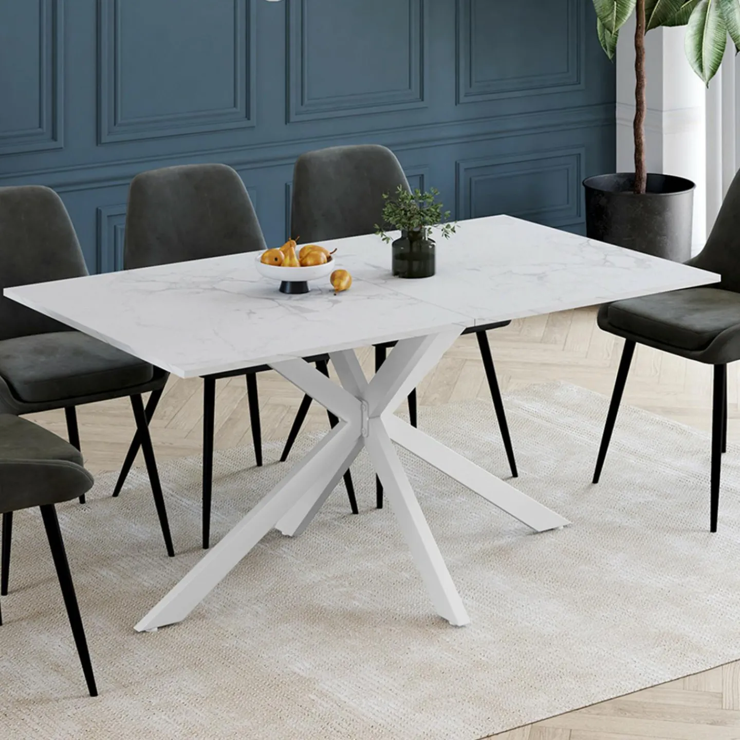 Table à manger rectangle 160 cm 8 personnes pied araignée blanc plateau effet marbre blanc*IDMarket Sale