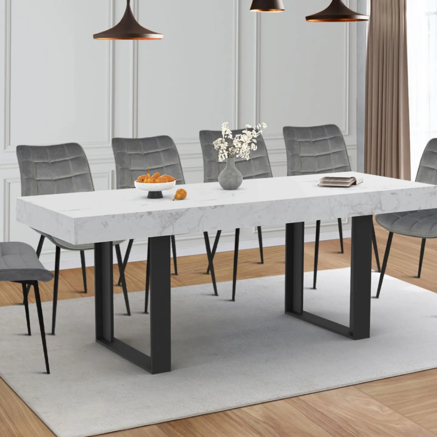 Table à manger rectangulaire extensible effet marbre et noir*IDMarket New