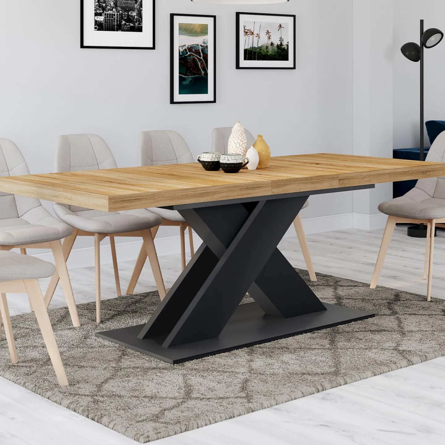 Table à manger rectangulaire extensible bois et noir 6-10 personnes*IDMarket Outlet