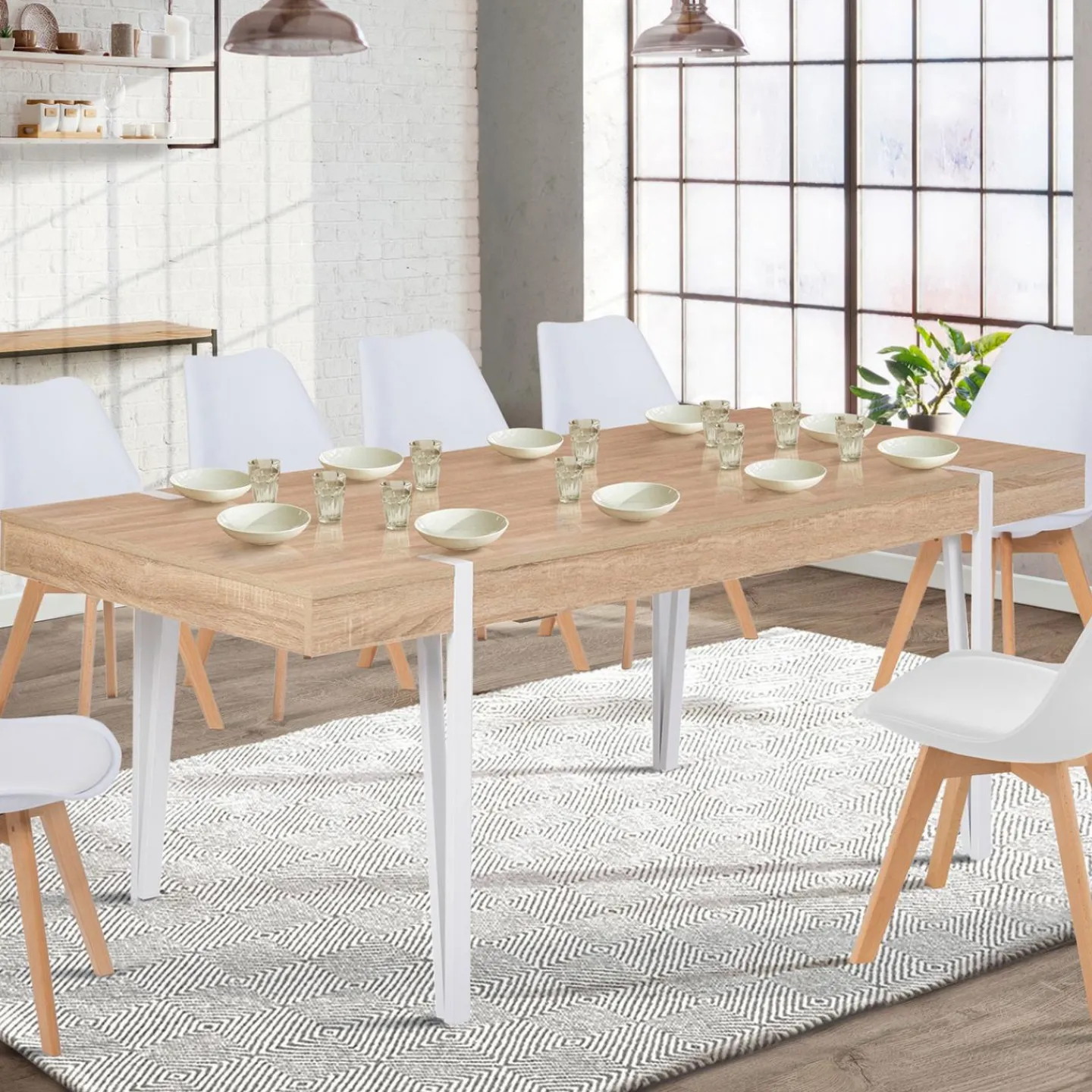 Table à manger rectangulaire 10 personnes 200 cm bois et pieds épingle blanc*IDMarket Online