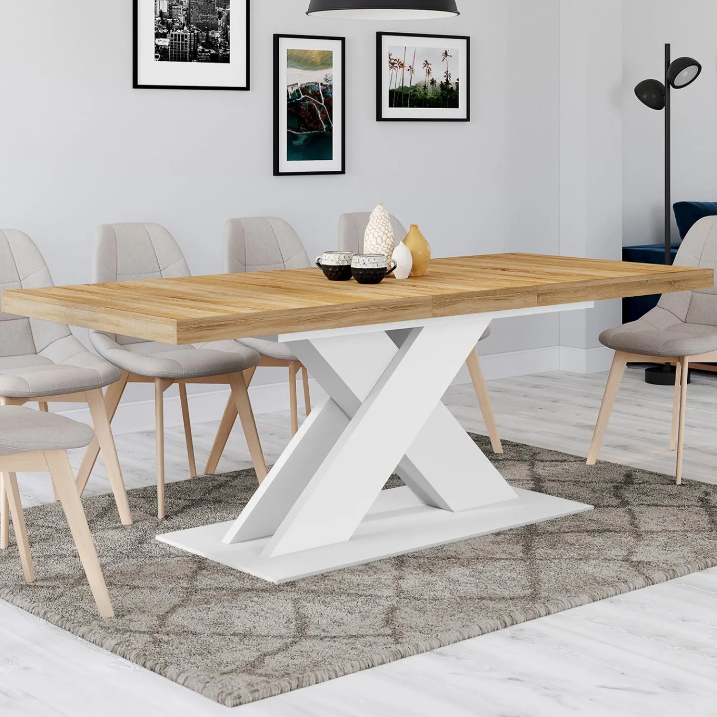 Table à manger rectangulaire extensible bois et blanc 6 à 10 personnes*IDMarket Best