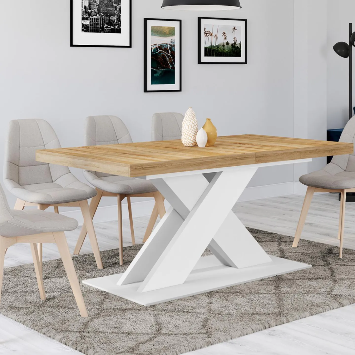 Table à manger rectangulaire extensible bois et blanc 6 à 10 personnes*IDMarket Best