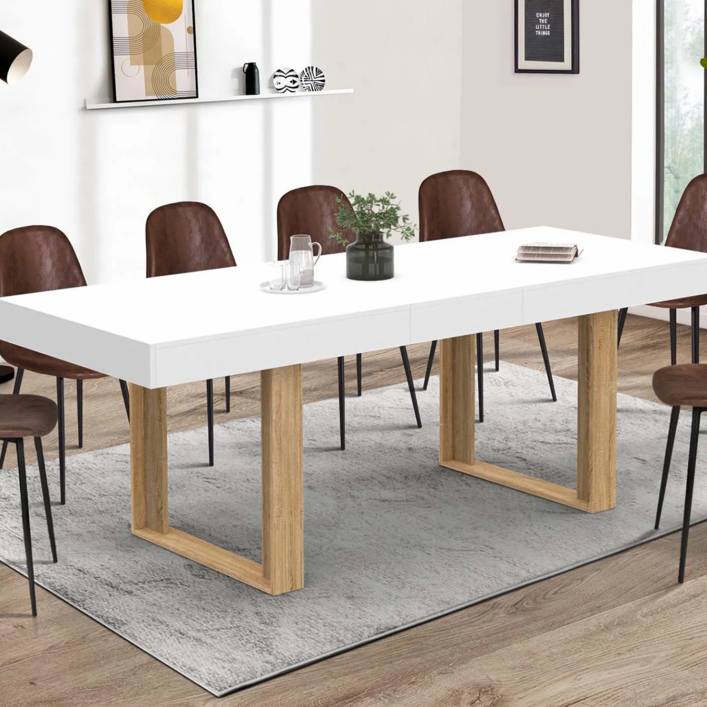 Table à manger rectangulaire extensible blanche et bois 160-200 cm*IDMarket Sale