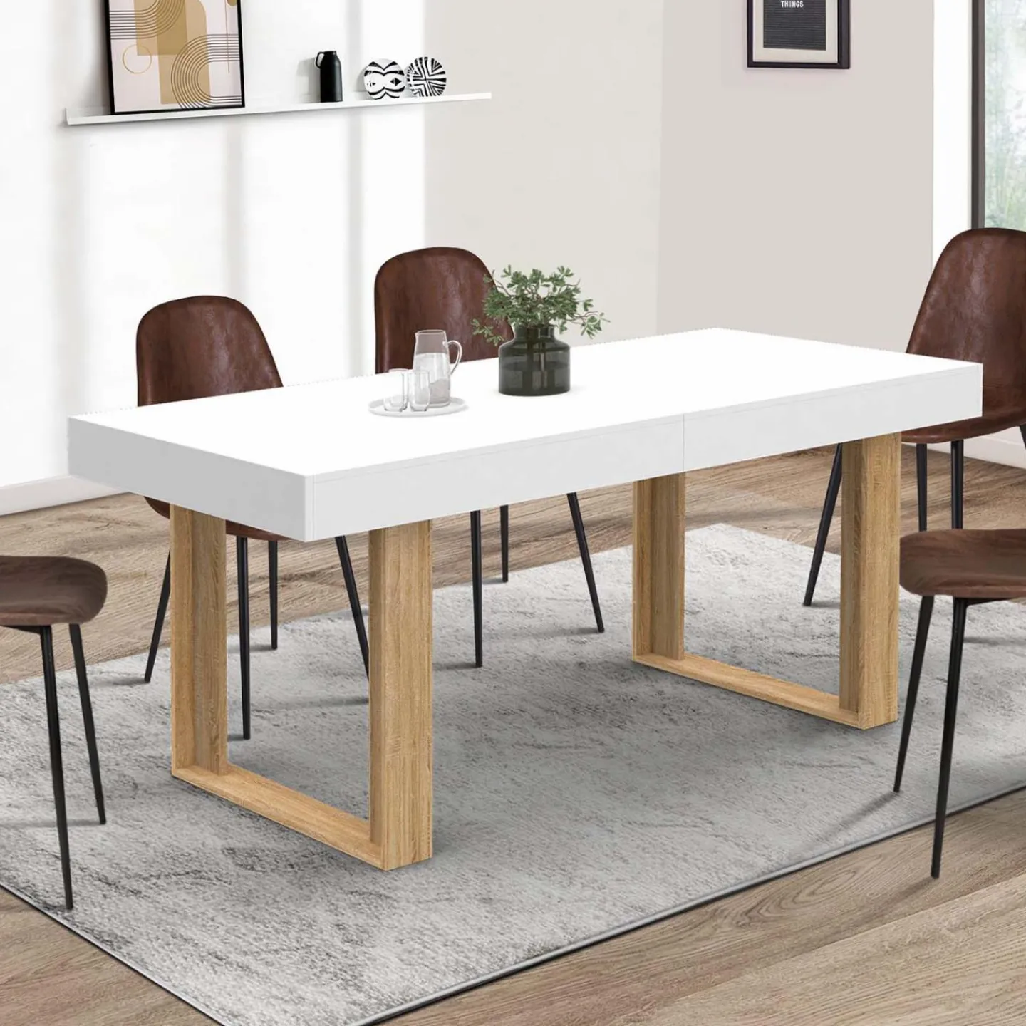 Table à manger rectangulaire extensible blanche et bois 160-200 cm*IDMarket Sale
