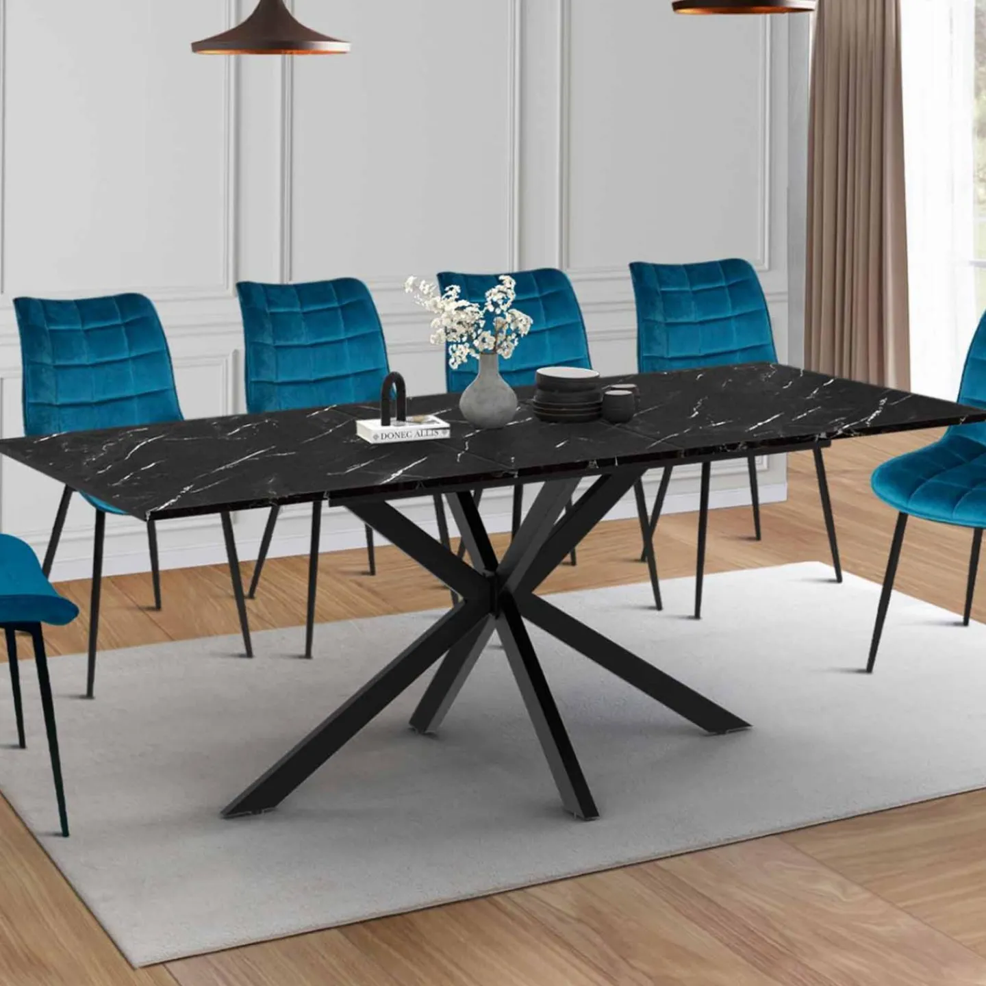 Table à manger rectangulaire extensible métal et effet marbre noir 160-200 cm*IDMarket Clearance