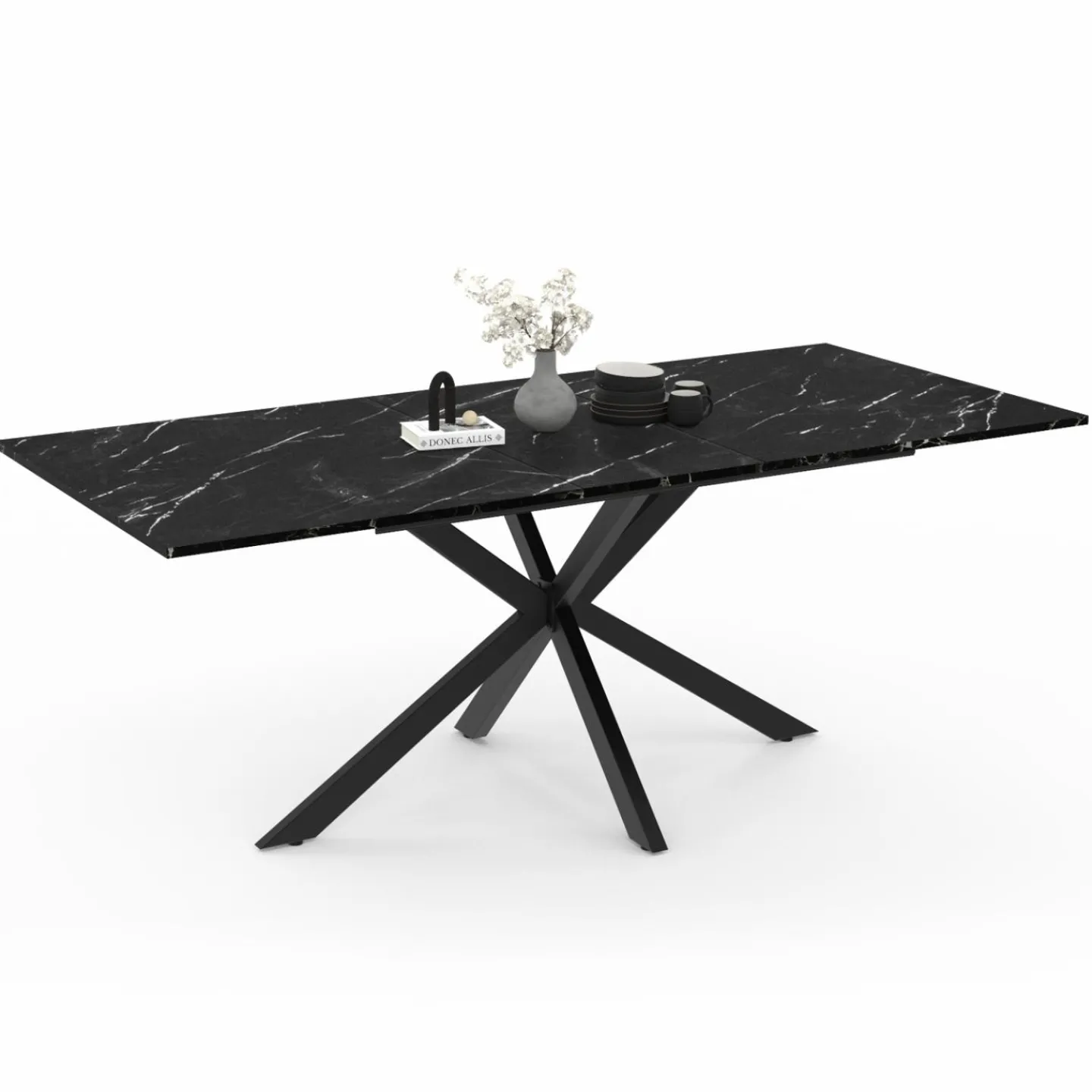 Table à manger rectangulaire extensible métal et effet marbre noir 160-200 cm*IDMarket Clearance