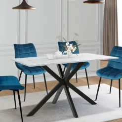 Table à manger rectangulaire effet marbre blanc pied araignée métal noir*IDMarket Hot