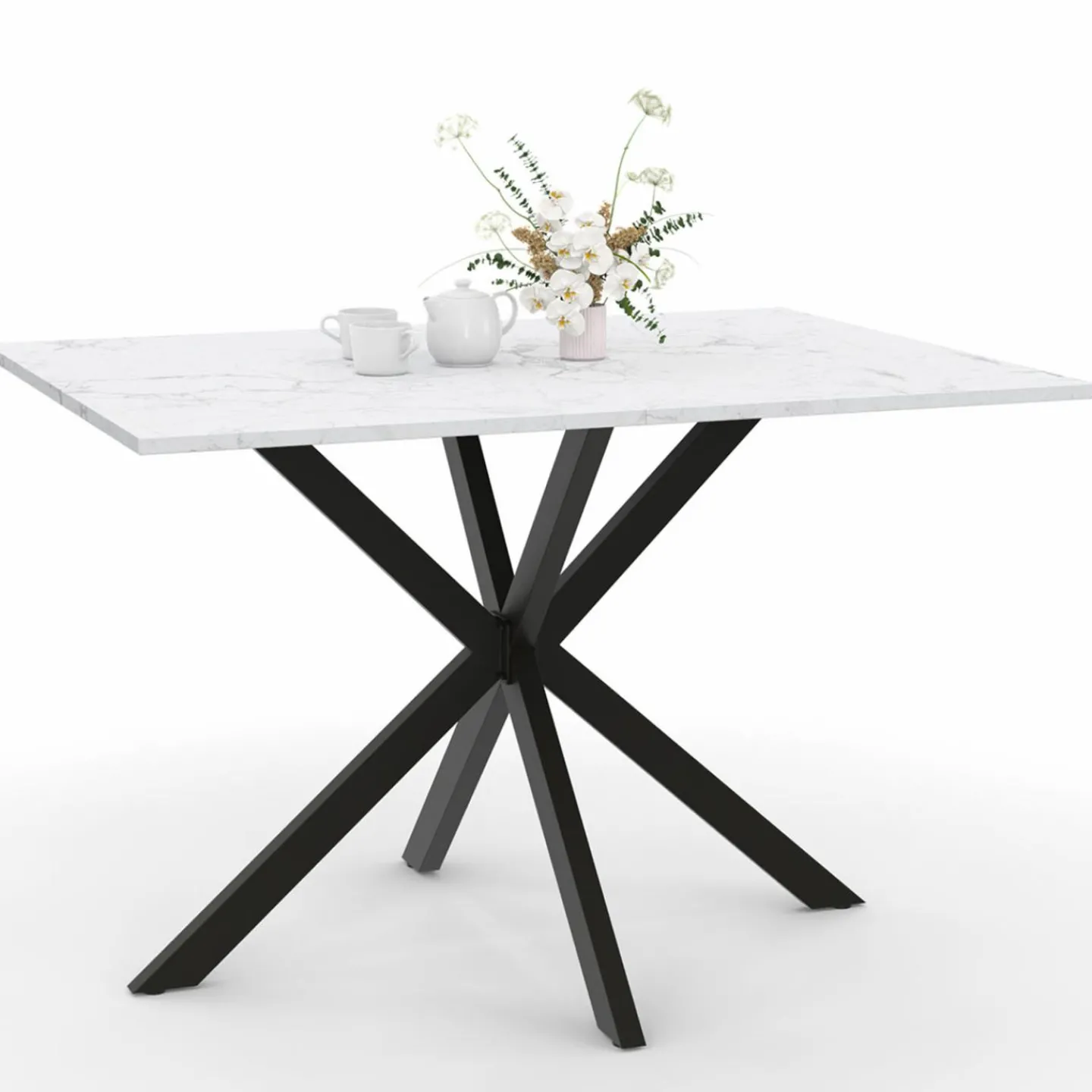 Table à manger rectangulaire effet marbre blanc pied araignée métal noir*IDMarket Hot