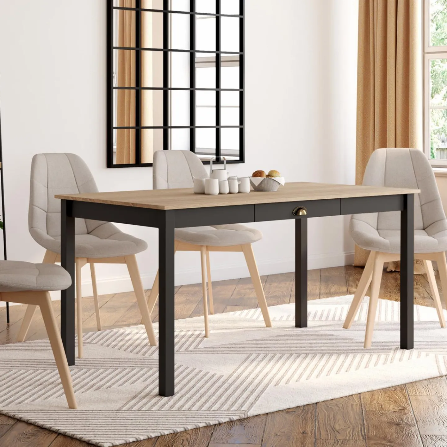 Table à manger rectangulaire bois et noir avec tiroir*IDMarket Discount