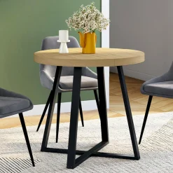 Table à manger ronde 80 cm 4 personnes en bois et pieds noirs style industriel*IDMarket New