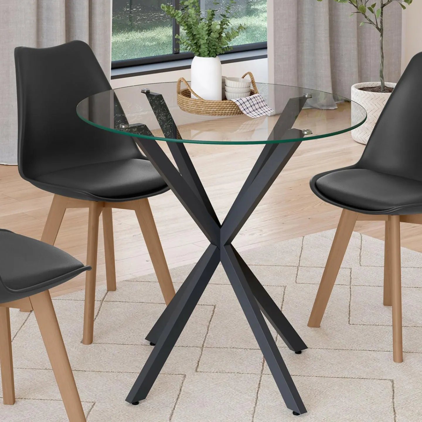 Table à manger ronde 80 cm 4 personnes pied araignée noir et plateau verre*IDMarket Hot