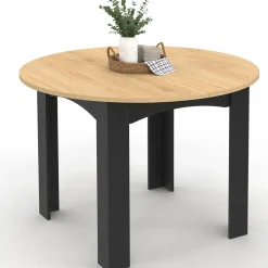 Table à manger ronde 110 cm 4-6 personnes noire plateau façon hêtre*IDMarket Sale