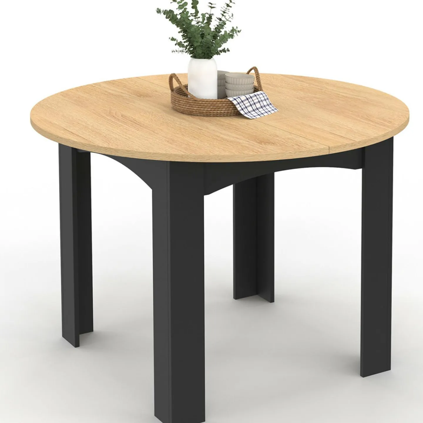 Table à manger ronde 110 cm 4-6 personnes noire plateau façon hêtre*IDMarket Sale