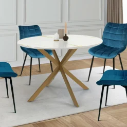 Table à manger ronde 110 cm 6 personnes avec plateau effet marbre doré et pied araignée en laiton*IDMarket New