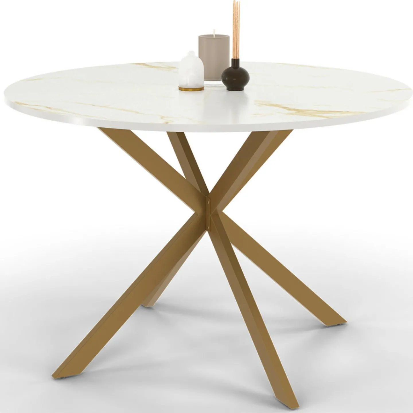 Table à manger ronde 110 cm 6 personnes avec plateau effet marbre doré et pied araignée en laiton*IDMarket New