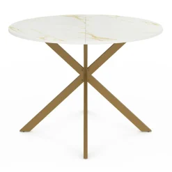 Table à manger ronde 110 cm 6 personnes avec plateau effet marbre doré et pied araignée en laiton*IDMarket New
