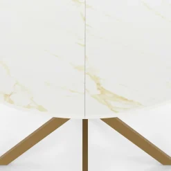 Table à manger ronde 110 cm 6 personnes avec plateau effet marbre doré et pied araignée en laiton*IDMarket New