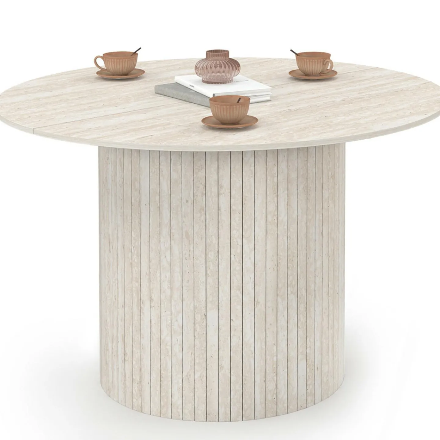 Table à manger ronde 6 personnes pied central effet lattes façon travertin 110 cm*IDMarket