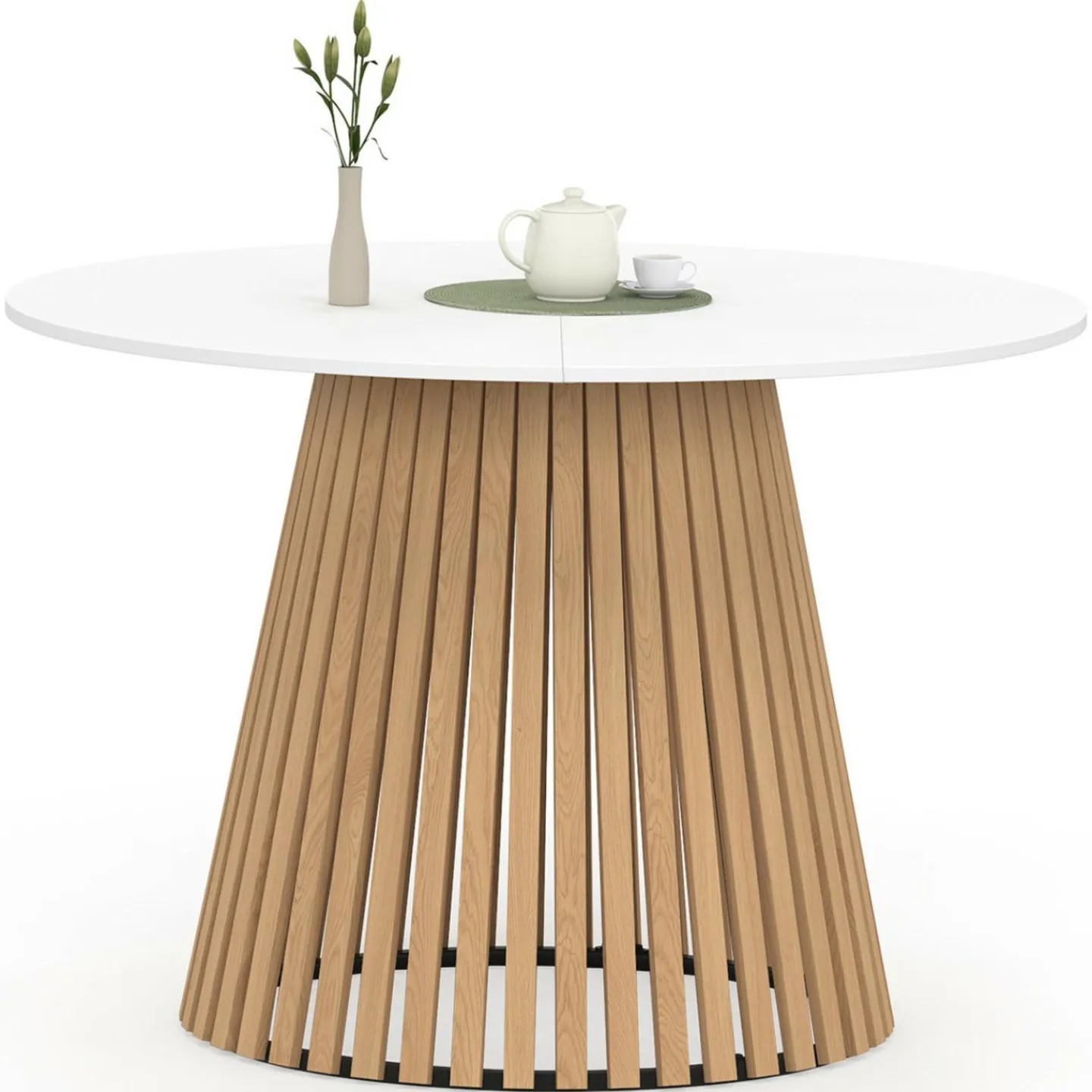 Table à manger ronde 6 personnes 110 cm plateau bois blanc et pied bois en lattes*IDMarket Online