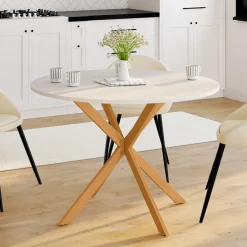 Table à manger ronde 6 personnes 110 cm bois et blanc*IDMarket Online