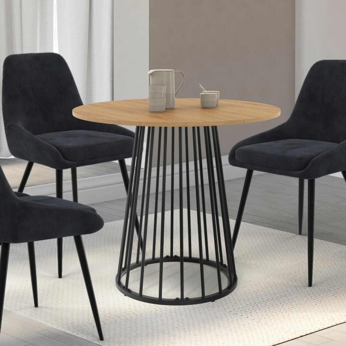 Table à manger ronde 4 personnes plateau bois et pied en métal noir 80 cm*IDMarket