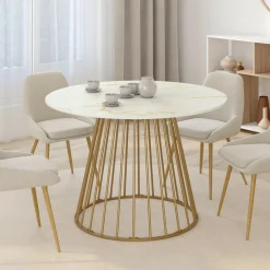 Table à manger ronde 6 personnes pied filaire laiton et plateau effet marbre blanc 110 cm*IDMarket Hot