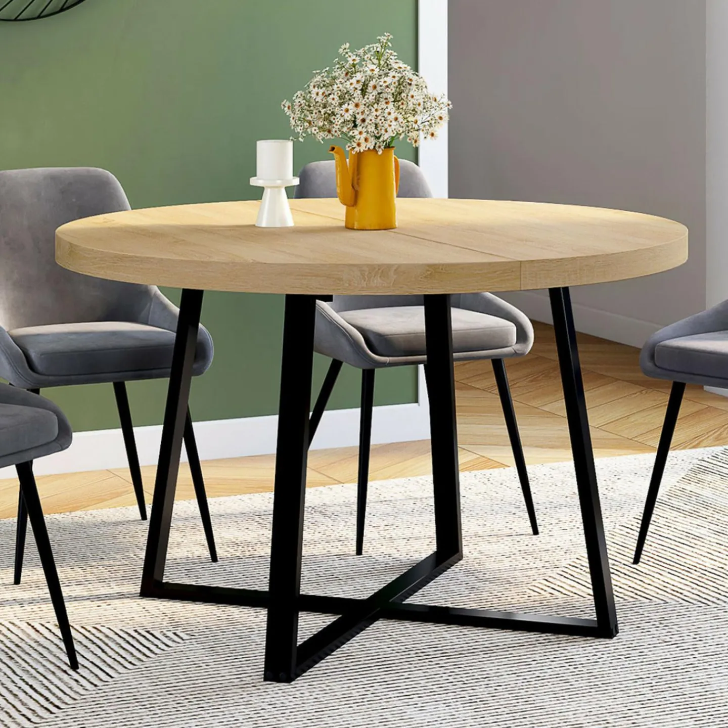 Table à manger ronde 4-6 personnes bois et noir*IDMarket Discount