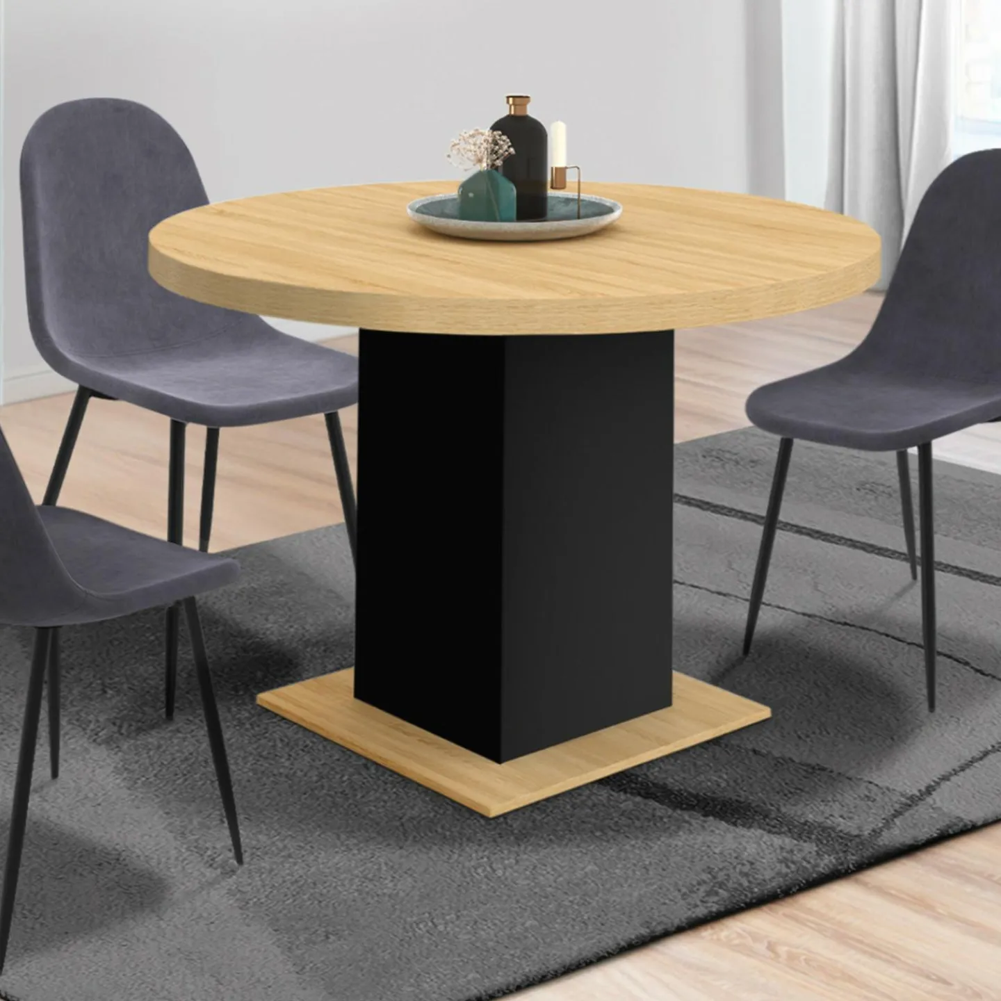 Table à manger ronde bois et noir 6 personnes*IDMarket Sale