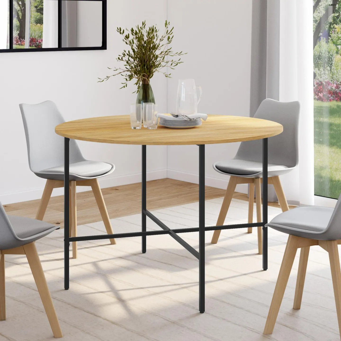 Table à manger ronde bois et métal 110 cm 4 personnes*IDMarket Outlet