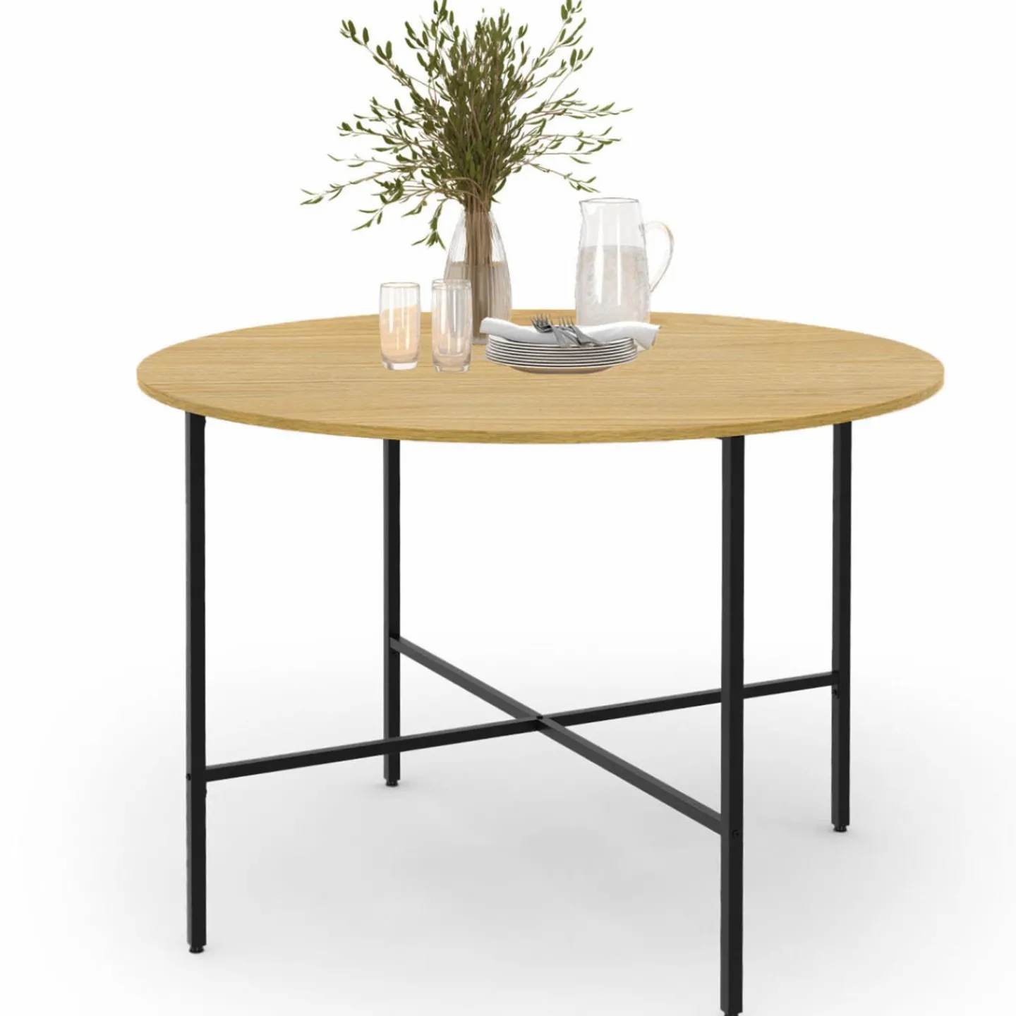 Table à manger ronde bois et métal 110 cm 4 personnes*IDMarket Outlet