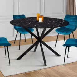Table à manger ronde effet marbre noir pied araignée métal noir*IDMarket Sale