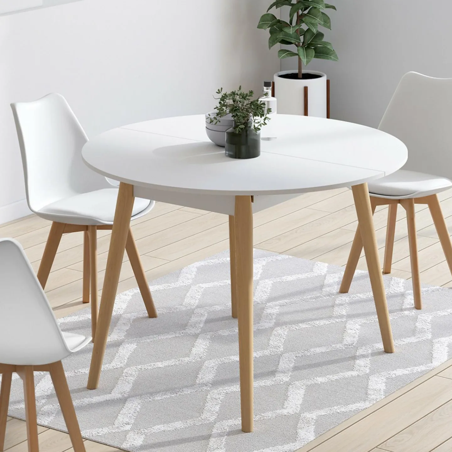 Table à manger ronde extensible 4-8 personnes blanc pied bois 110-150 cm*IDMarket Best