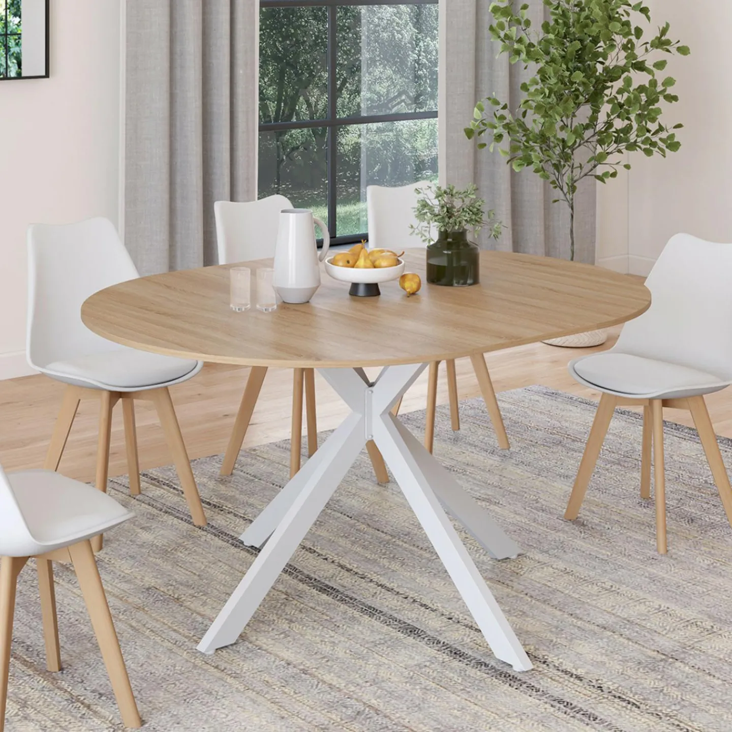 Table à manger ronde extensible bois et blanc 110-150 cm 4-8 personnes pied araignée*IDMarket Online