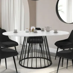 Table à manger ronde extensible 110-150 cm 4-8 personnes plateau effet marbre blanc et pied filaire métal noir*IDMarket Online