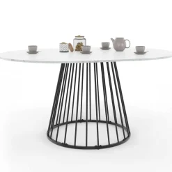 Table à manger ronde extensible 110-150 cm 4-8 personnes plateau effet marbre blanc et pied filaire métal noir*IDMarket Online