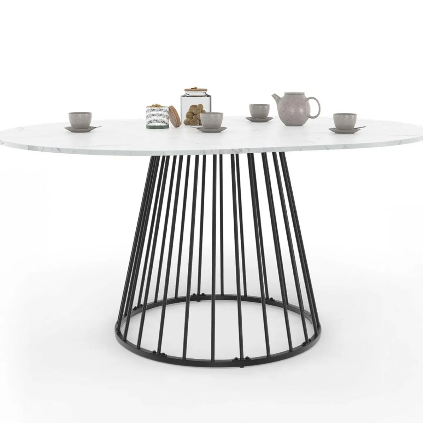 Table à manger ronde extensible 110-150 cm 4-8 personnes plateau effet marbre blanc et pied filaire métal noir*IDMarket Online