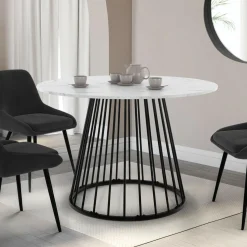 Table à manger ronde extensible 110-150 cm 4-8 personnes plateau effet marbre blanc et pied filaire métal noir*IDMarket Online