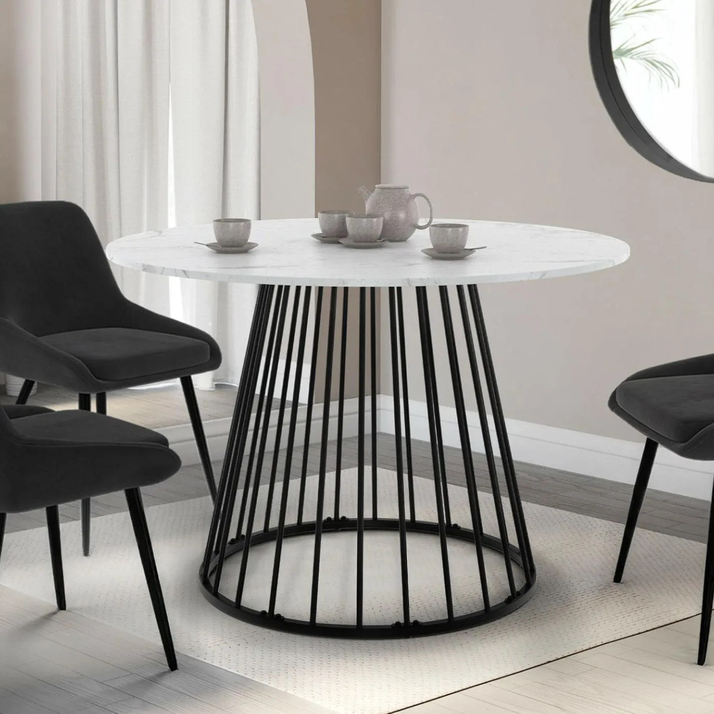 Table à manger ronde extensible 110-150 cm 4-8 personnes plateau effet marbre blanc et pied filaire métal noir*IDMarket Online