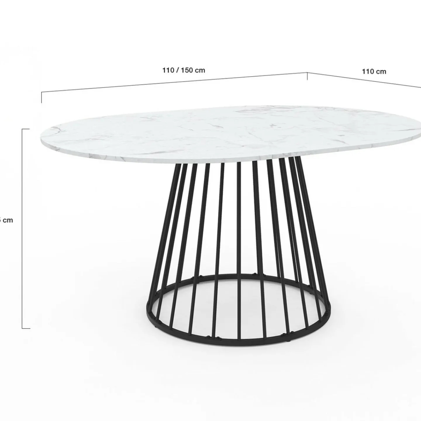 Table à manger ronde extensible 110-150 cm 4-8 personnes plateau effet marbre blanc et pied filaire métal noir*IDMarket Online
