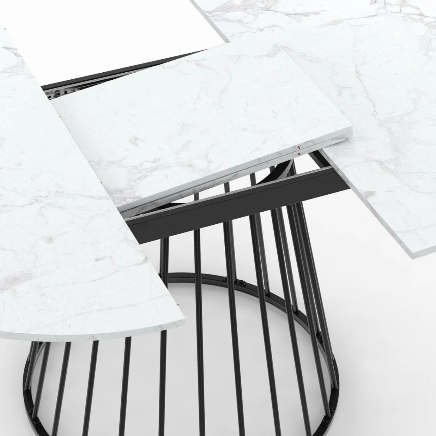 Table à manger ronde extensible 110-150 cm 4-8 personnes plateau effet marbre blanc et pied filaire métal noir*IDMarket Online