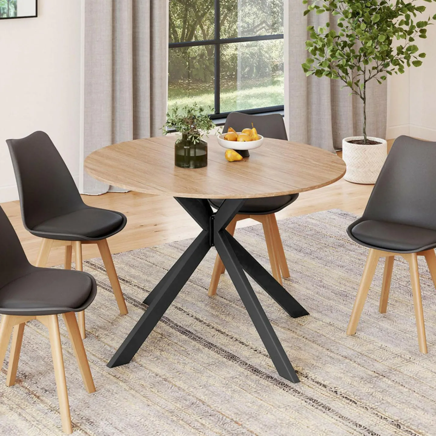 Table à manger ronde extensible noir et bois pour 6-8 personnes*IDMarket Sale