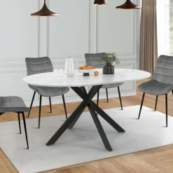 Table à manger ronde extensible plateau effet marbre 110-150 cm 4-8 personnes pied araignée métal noir*IDMarket Outlet